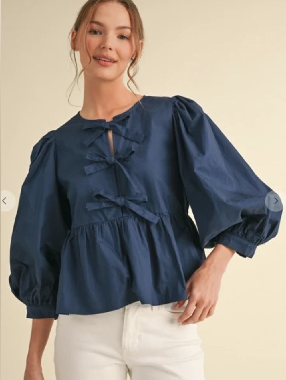 Boii Navy Peplum Tie-Front Balloon Sleeve Top